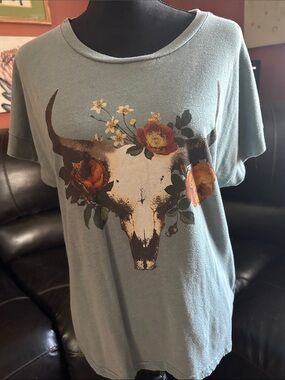 White Crow Sage Green Bull Skull Floral Tee